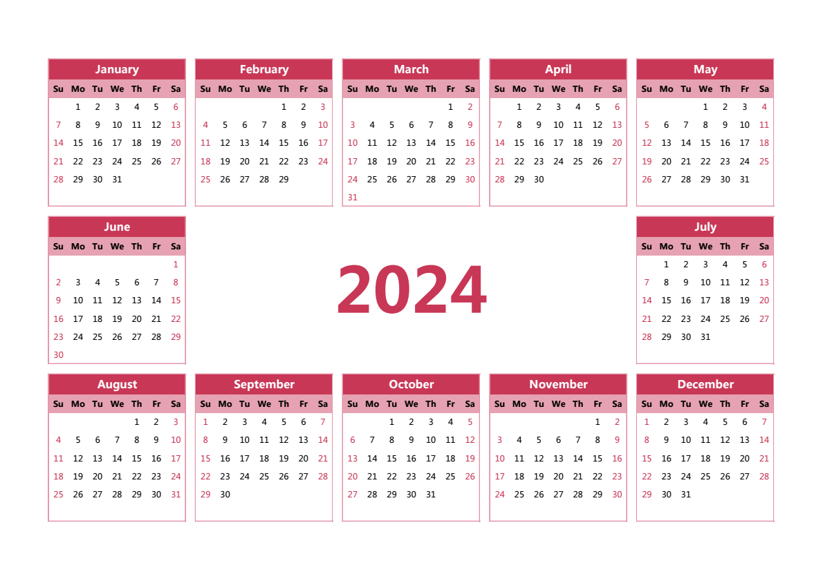 2024年日历 A3横向 英文版 无农历 无周数 周日开始